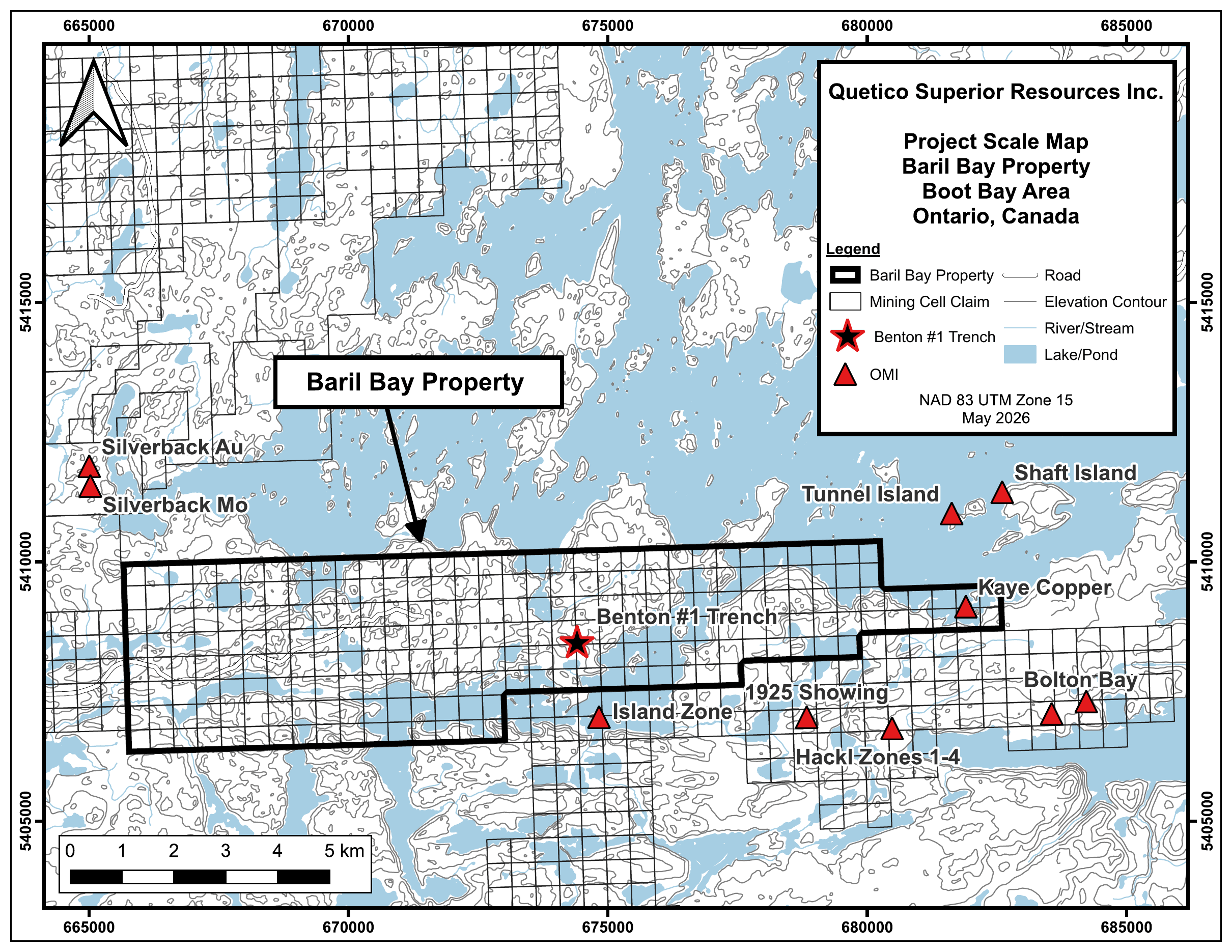 Project scale map of the Baril Bay Property, Boot Bay Area, Ontario, showing mining cell claims, the Benton #1 Trench and nearby occurrences